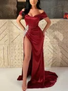 Sheath/Column Off-the-shoulder Satin Sweep Train Evening Dresses With Beading PT020115713