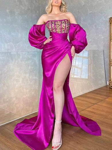 Sheath/Column Off-the-shoulder Satin Puff Sleeve Corset Prom Dresses #UKM020115726