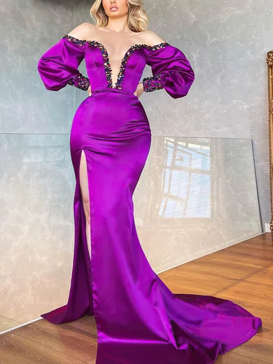 Sheath/Column Off-the-shoulder Satin Prom Dresses With Long Sleeves #UKM020115727
