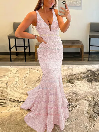 Light pink sequin top prom dress