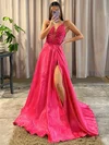 Ball Gown V-neck Organza Sweep Train Appliques Lace Prom Dresses #UKM020115742