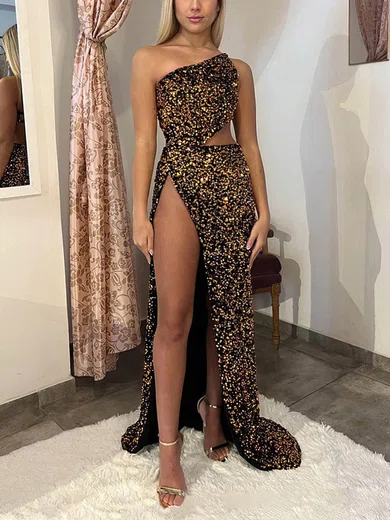 Sheath/Column One Shoulder Sparkly Velvet Sequin Prom Dresses #UKM020115744
