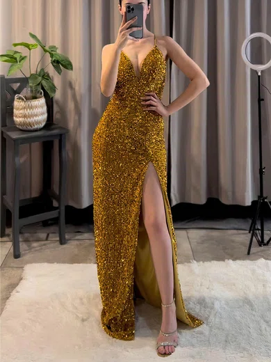 Sheath/Column V-neck Sparkly Velvet Sequin Prom Dresses #UKM020115746