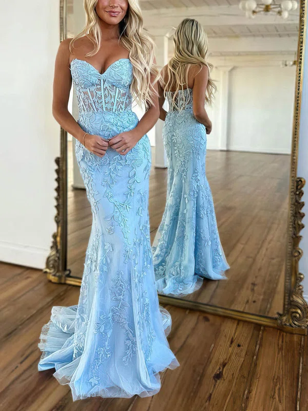 Trumpet/Mermaid Sweep Train Sweetheart Tulle Appliques Lace Prom Dresses #UKM020115751