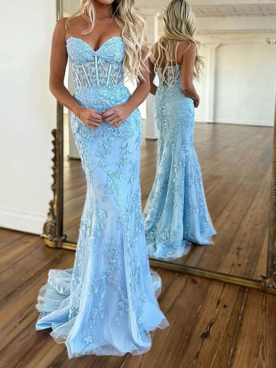 Trumpet/Mermaid Sweep Train Sweetheart Tulle Appliques Lace Prom Dresses #UKM020115751