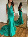Trumpet/Mermaid V-neck Silk-like Satin Sweep Train Prom Dresses With Beading #UKM020115754