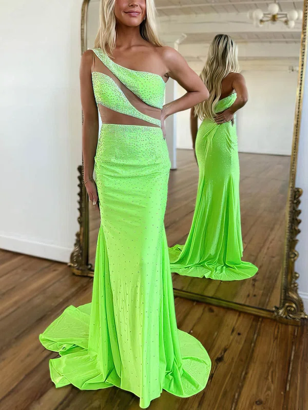 Trumpet/Mermaid One Shoulder Silk-like Satin Sweep Train Prom Dresses With Beading #UKM020115756