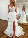 Ball Gown V-neck Lace Tulle Sweep Train Appliques Lace Prom Dresses #UKM020115760