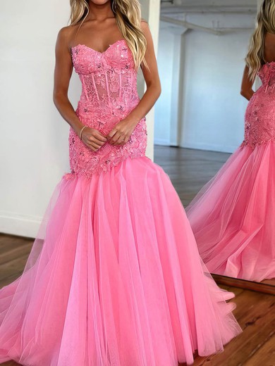 Trumpet/Mermaid Sweep Train Sweetheart Lace Tulle Beading Prom Dresses #UKM020115763