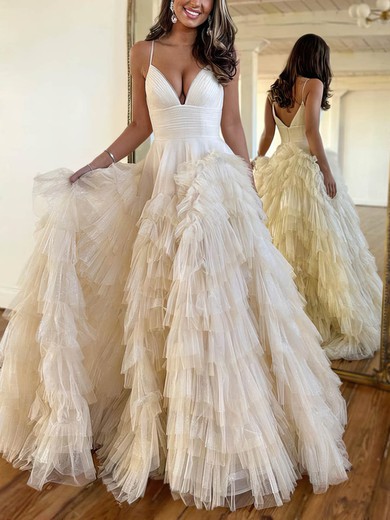 Ball Gown V-neck Tulle Sweep Train Tiered Prom Dresses #UKM020115768