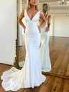Trumpet/Mermaid V-neck Silk-like Satin Sweep Train Pearl Detailing Prom Dresses #UKM020115769