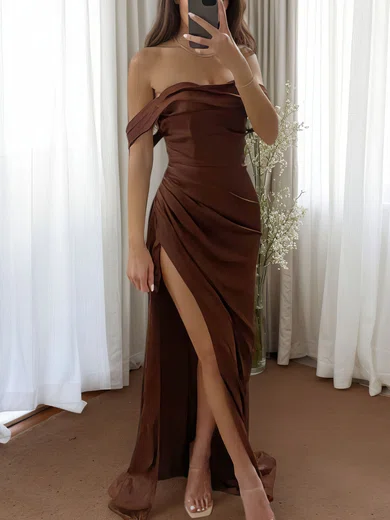 Off-the-shoulder Ruched Satin Prom Dresses #UKM020115773