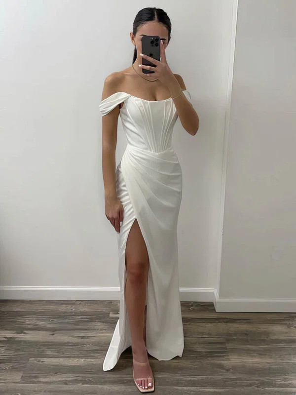 Corset White Satin Sheath/Column Ruched Split Formal Dresses PT020115793