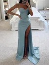 Sheath/Column Sweep Train Sweetheart Silk-like Satin Ruffles Prom Dresses #UKM020115795