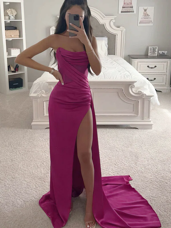 Sheath/Column Strapless Silk-like Satin Sweep Train Prom Dresses With Split Front #UKM020115797