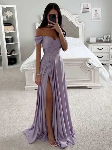 A-line Off-the-shoulder Silk-like Satin Sweep Train Prom Dresses With Split Front #UKM020115812