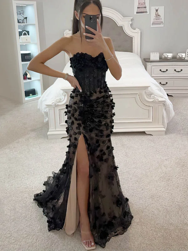 Mermaid Strapless Lace Floral Prom Dresses #UKM020115814