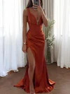 Mermaid V-neck  Ruched Satin Prom Dresses with Slit #UKM020115824