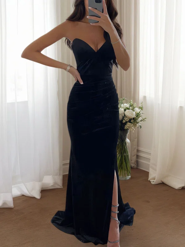 Strapless Ruched Satin Fitted Prom Dresses with Slit #UKM020115827