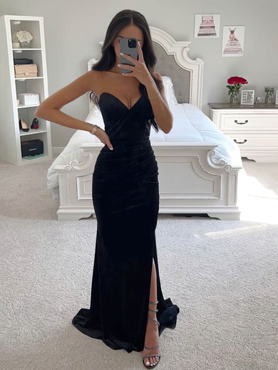 Strapless Ruched Satin Fitted Prom Dresses with Slit #UKM020115827