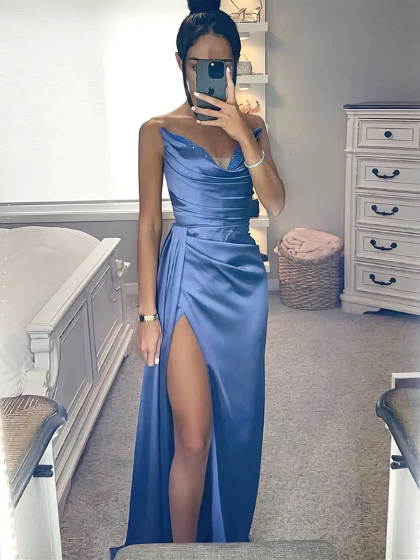 Mermaid Cowl Neck Ruched Satin Prom Dresses with Slit #UKM020115835