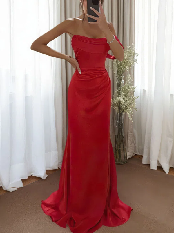 Fitted One Shoulder Satin Ruched Prom Dresses with Slit #UKM020115836