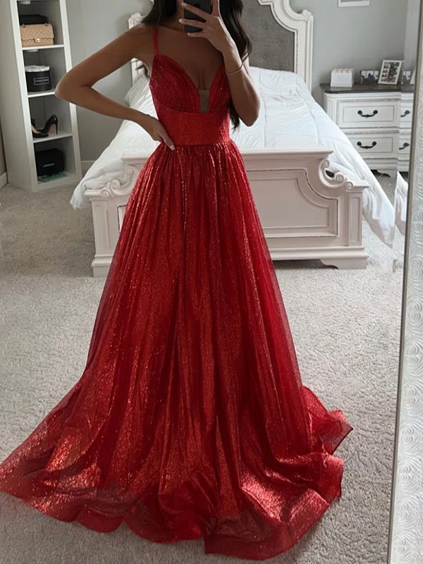 Ball Gown V-neck Glitter Tulle Prom Dresses #UKM020115838