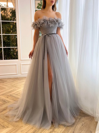 A-line Off-the-shoulder Tulle Sweep Train Prom Dresses With Sashes / Ribbons #UKM020115852
