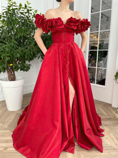 Ball Gown Off-the-shoulder Satin Sweep Train Flower(s) Prom Dresses #UKM020115855