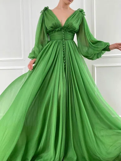 Ball Gown V-neck Long Sleeves Chiffon Prom Dresses With Ruched #UKM020115864