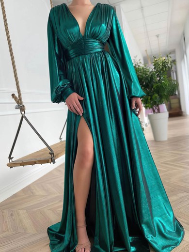 Ball Gown/Princess V-neck Silk-like Satin Sweep Train Prom Dresses With Split Front #UKM020115866