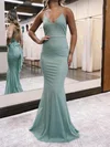 Trumpet/Mermaid V-neck Shimmer Crepe Sweep Train Bow Prom Dresses #UKM020115892