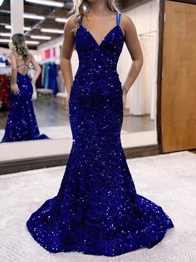 Trumpet/Mermaid Sweep Train V-neck Velvet Sequins Prom Dresses #UKM020115897