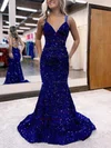 Trumpet/Mermaid Sweep Train V-neck Velvet Sequins Prom Dresses #UKM020115897