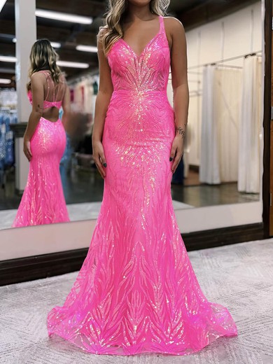 Mermaid V-neck Sparkly Sequin Prom Dresses #UKM020115907