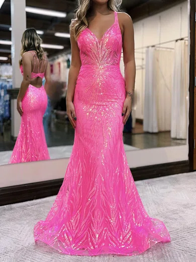 Mermaid V-neck Sparkly Sequin Prom Dresses #UKM020115907
