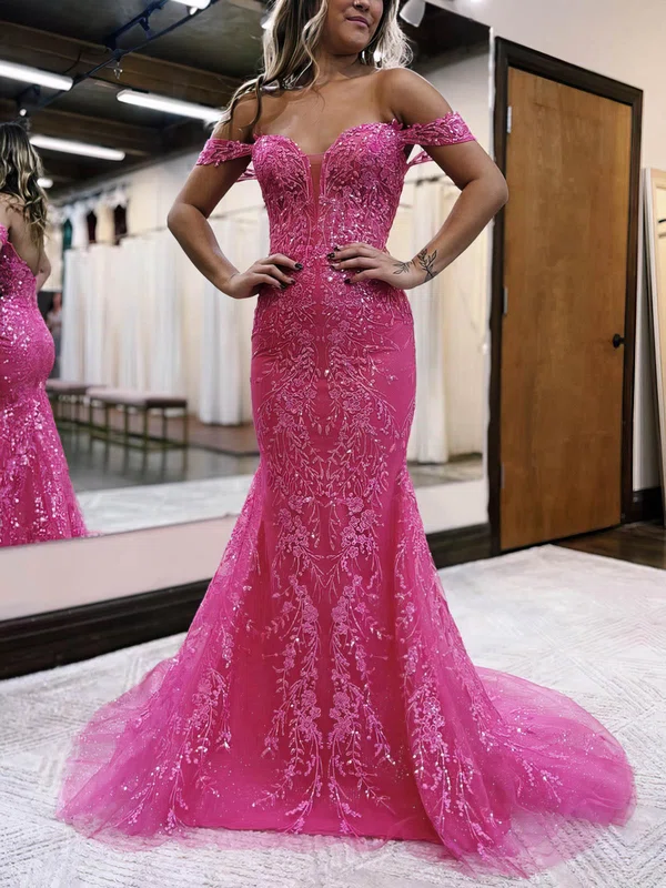 Trumpet/Mermaid Off-the-shoulder Tulle Glitter Sweep Train Appliques Lace Prom Dresses #UKM020115909