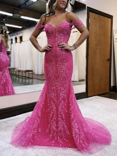 Mermaid Off-the-shoulder Sparkly Sequin Prom Dresses #UKM020115909