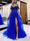Ball Gown Off-the-shoulder Tulle Glitter Sweep Train Split Front Prom Dresses #UKM020115910