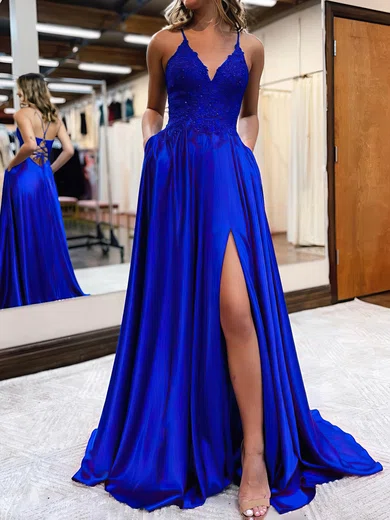 A-line V-neck Satin Prom Dresses With Appliques #UKM020115912