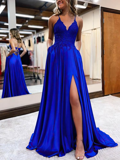 A-line Sweep Train V-neck Silk-like Satin Appliques Lace Prom Dresses #UKM020115912