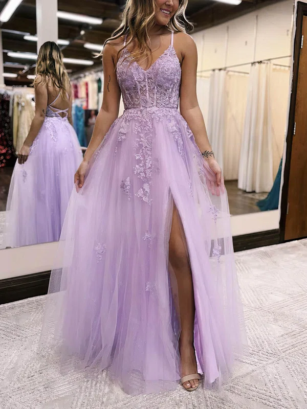 Ball Gown/Princess Floor-length V-neck Tulle Glitter Appliques Lace Prom Dresses #UKM020115913