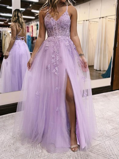 Ball Gown/Princess Floor-length V-neck Tulle Glitter Appliques Lace Prom Dresses #UKM020115913