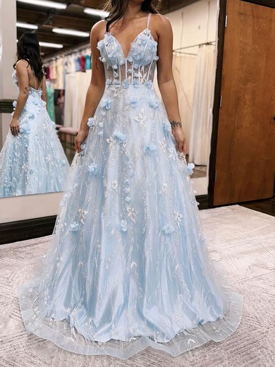 Ball Gown/Princess V-neck Tulle Sweep Train Prom Dresses With Flower(s) #UKM020115914