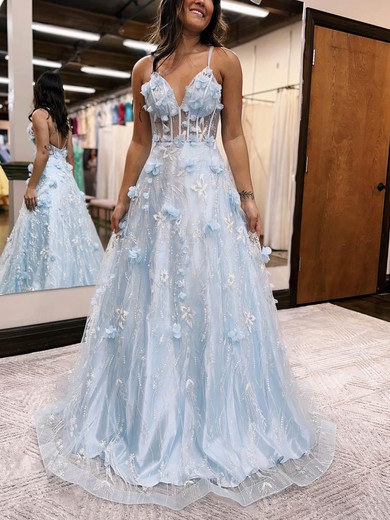 Ball Gown/Princess V-neck Tulle Sweep Train Prom Dresses With Flower(s) #UKM020115914