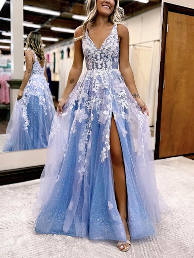 Ball Gown/Princess Sweep Train V-neck Tulle Glitter Appliques Lace Prom Dresses #UKM020115919