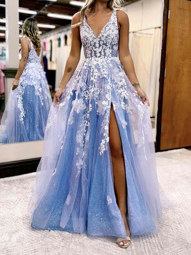 Ball Gown/Princess Sweep Train V-neck Tulle Glitter Appliques Lace Prom Dresses #UKM020115919