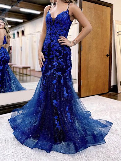 Trumpet/Mermaid Sweep Train V-neck Tulle Glitter Appliques Lace Prom Dresses #UKM020115924