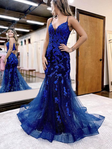 Trumpet/Mermaid Sweep Train V-neck Tulle Glitter Appliques Lace Prom Dresses #UKM020115924