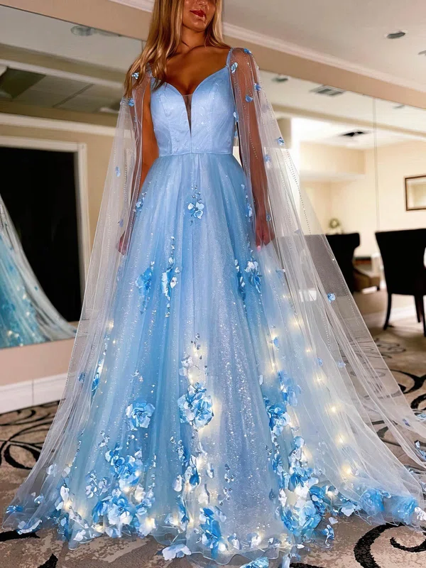 Ball Gown/Princess Sweep Train V-neck Tulle Glitter Flower(s) Prom Dresses #UKM020115926